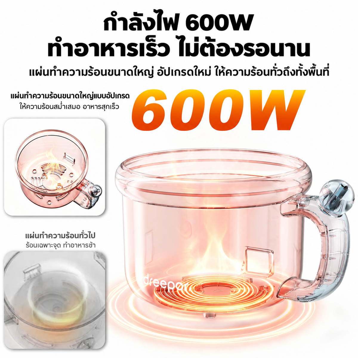 Dreepor หม้อไฟฟ้าอเนกประสงค์ 1.5L 600W | ต้ม ผัด นึ่ง ทำชาบูได้ในหม้อเดียว
