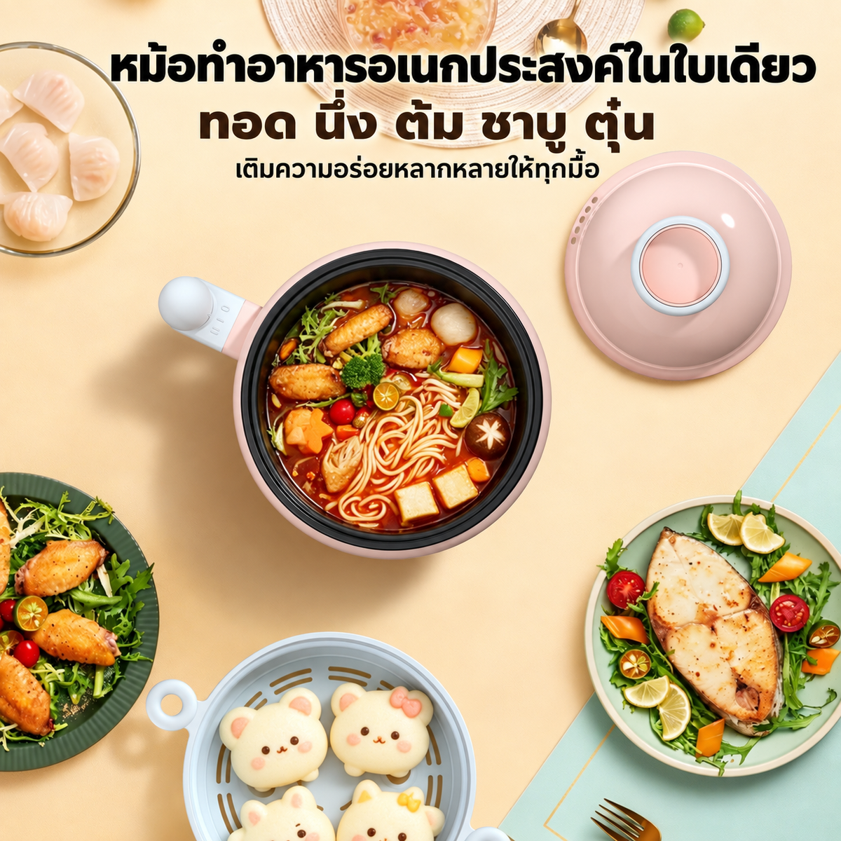 Dreepor หม้อไฟฟ้าอเนกประสงค์ 1.5L 600W | ต้ม ผัด นึ่ง ทำชาบูได้ในหม้อเดียว