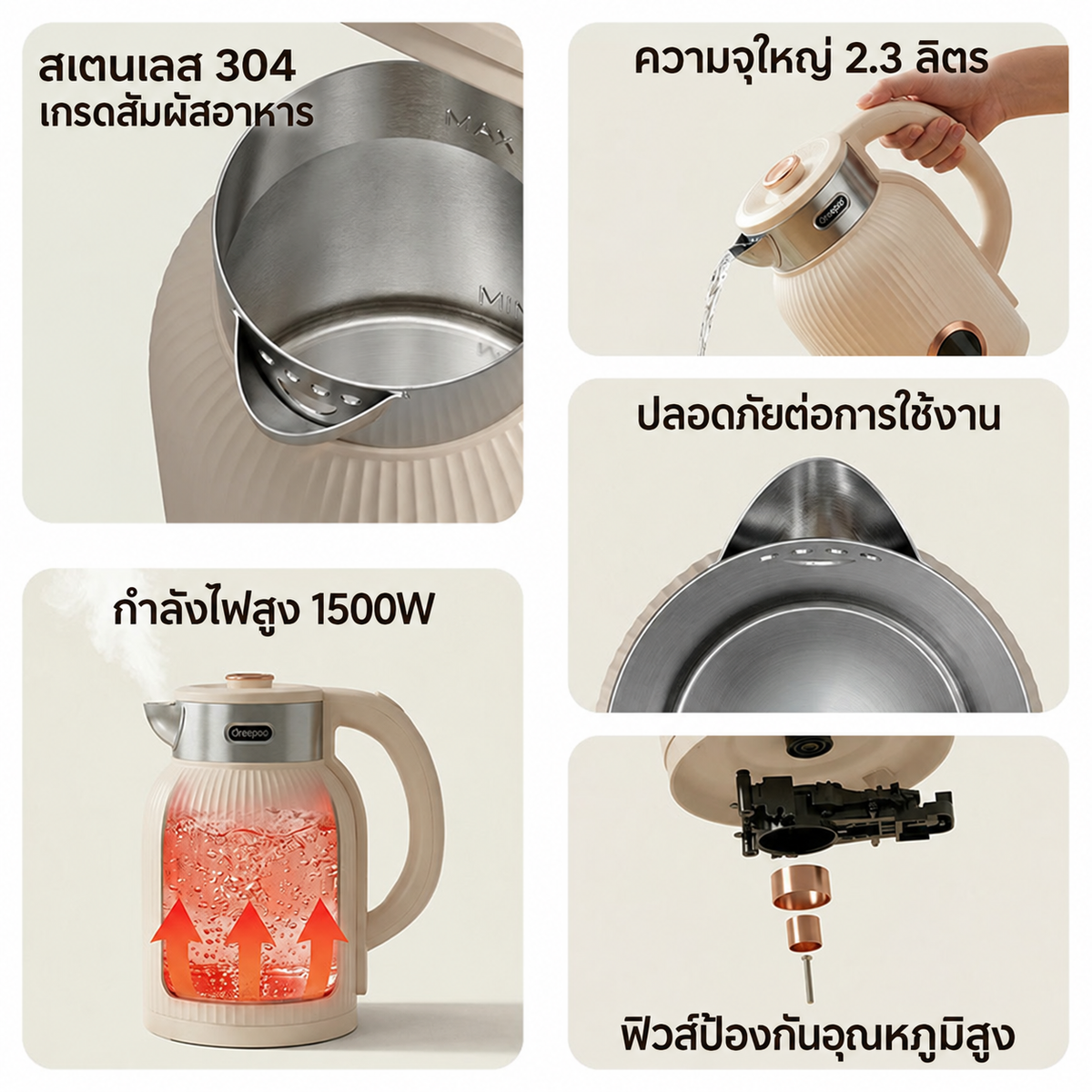 Dreepor กาต้มน้ำไฟฟ้า 2.3L 1500W | สแตนเลส 304 ต้มน้ำเร็ว พร้อมระบบตัดไฟอัตโนมัติ